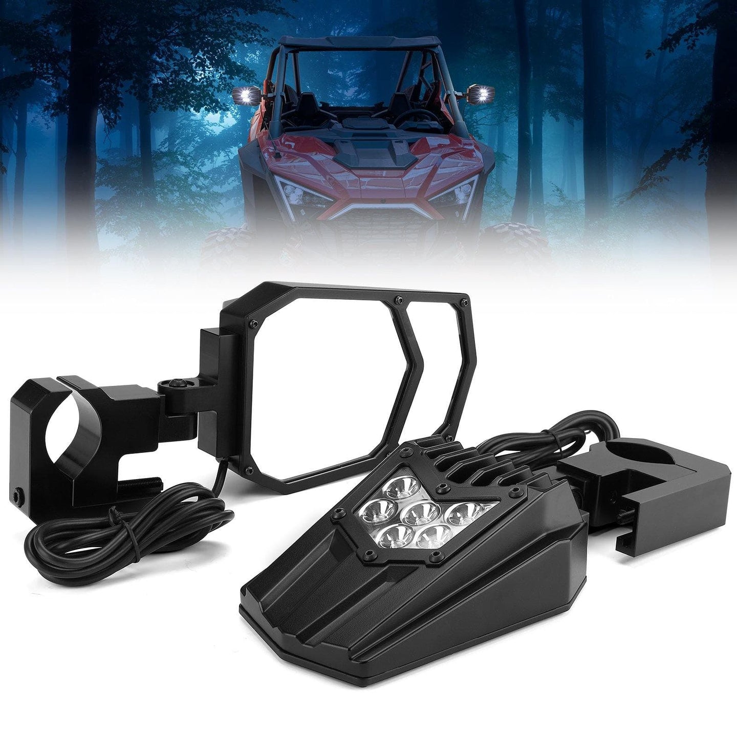 Universal UTV LED Light Mirror (New design) Fits 1.5" - 2" Roll Bars - KEMIMOTO