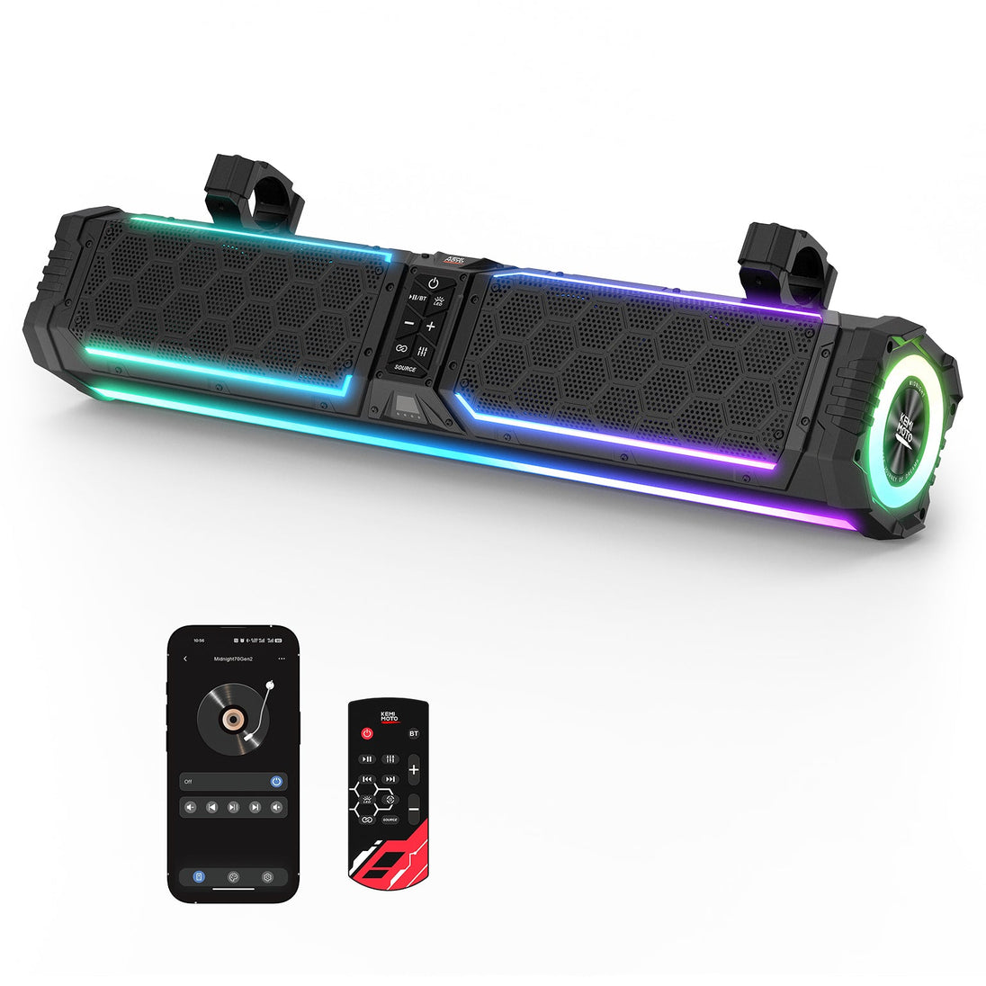 KEMIMOTO Midnight 70 Gen2 UTV Soundbar 680W – Bluetooth 5.4, RGB, IP66 Waterproof