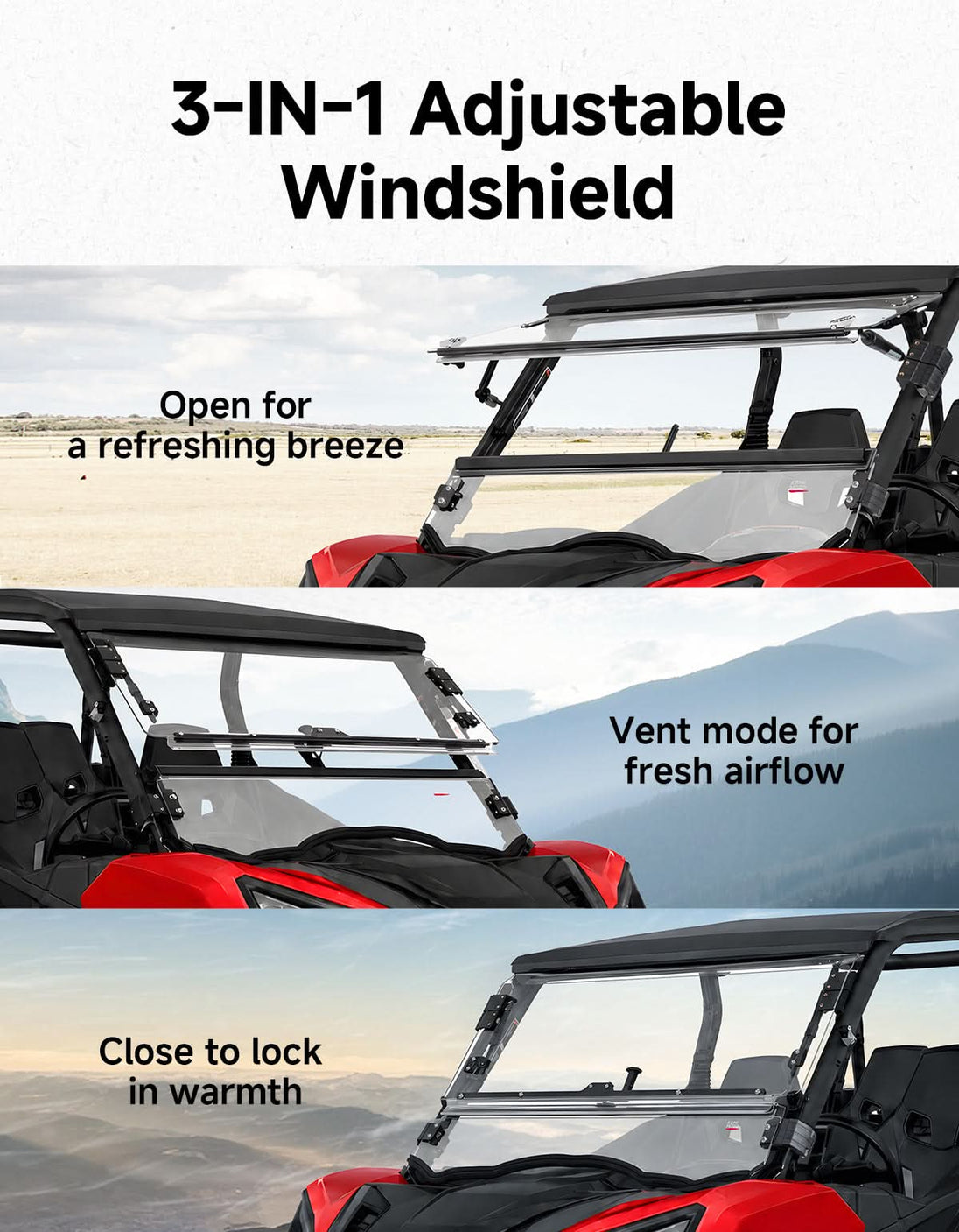 KEMIMOTO 3-in-1 Flip Windshield For Can-Am Commander (2011–2020)