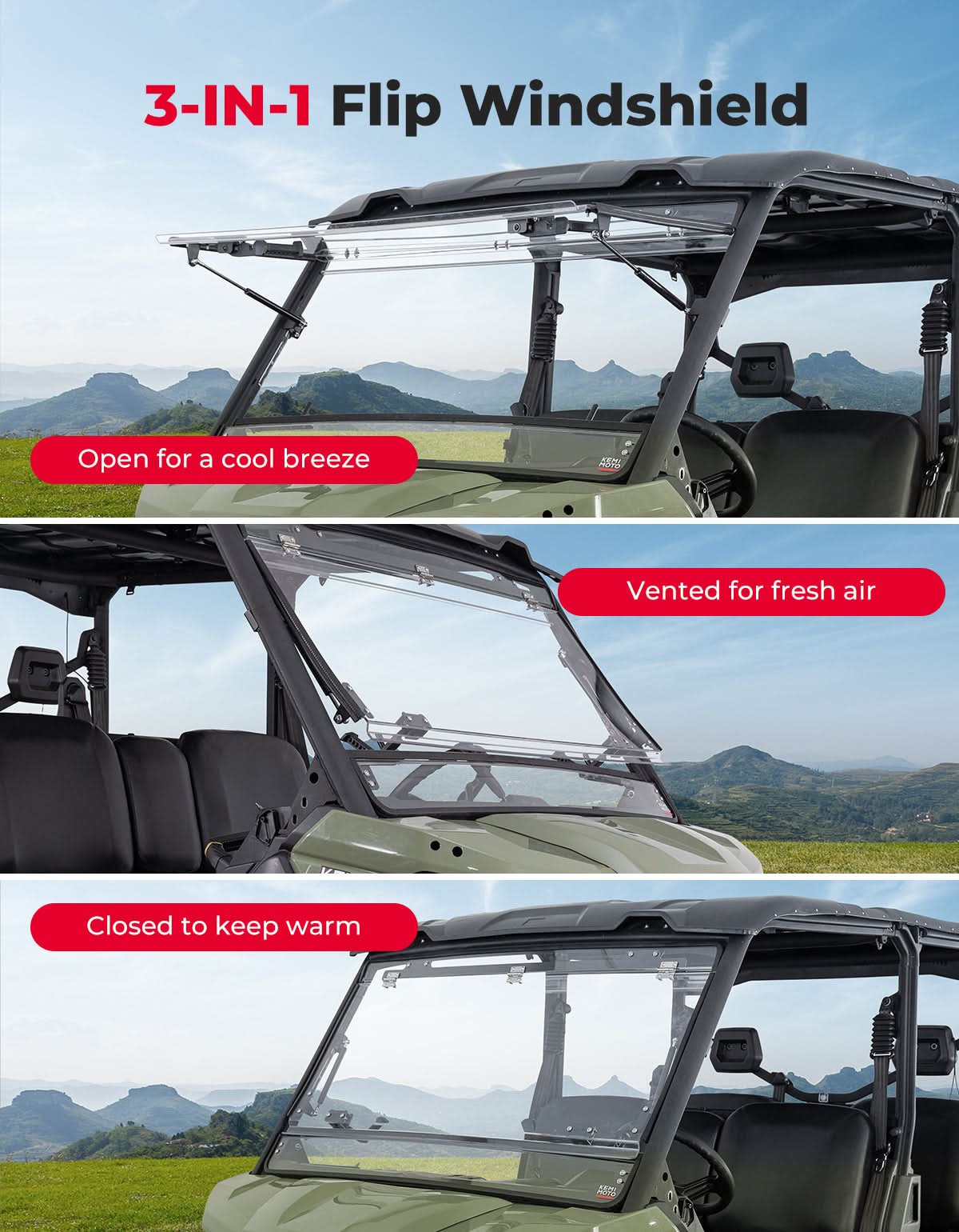 KEMIMOTO 3-in-1 Flip Scratch-Resistant Windshield for Can-Am Defender & Defender Max HD5/HD8/HD10