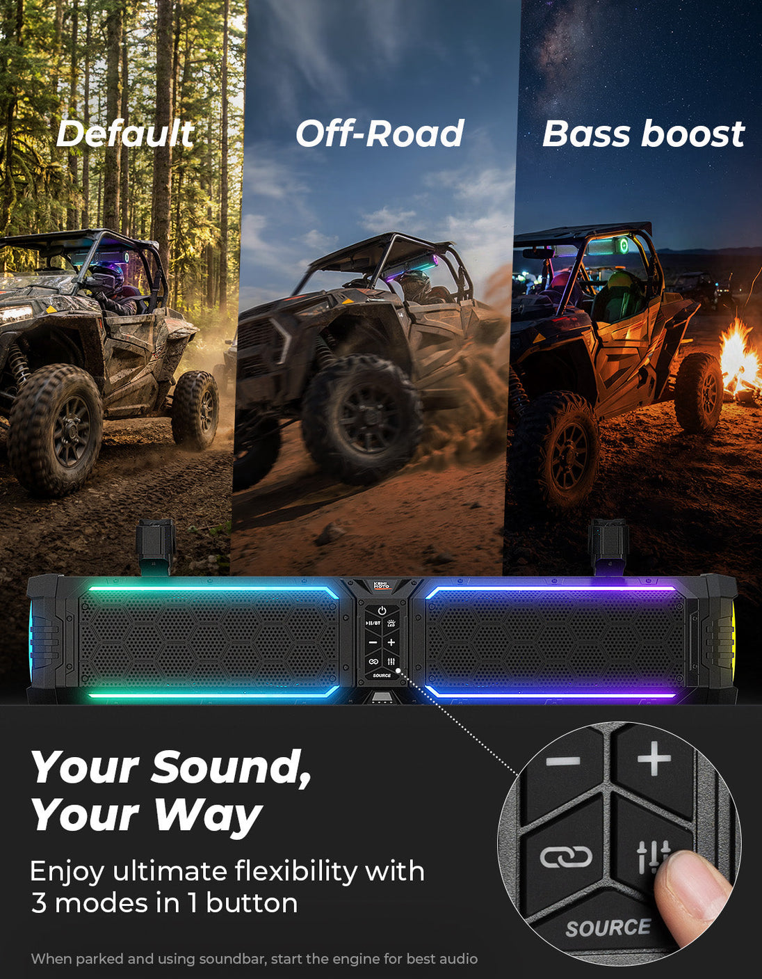 KEMIMOTO Midnight 70 Gen2 UTV Soundbar 680W – Bluetooth 5.4, RGB, IP66 Waterproof