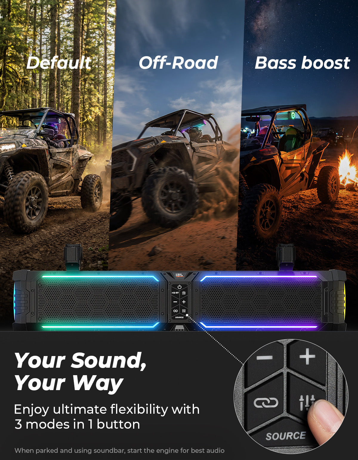 KEMIMOTO Midnight 70 Gen2 UTV Soundbar 680W – Bluetooth 5.4, RGB, IP66 Waterproof
