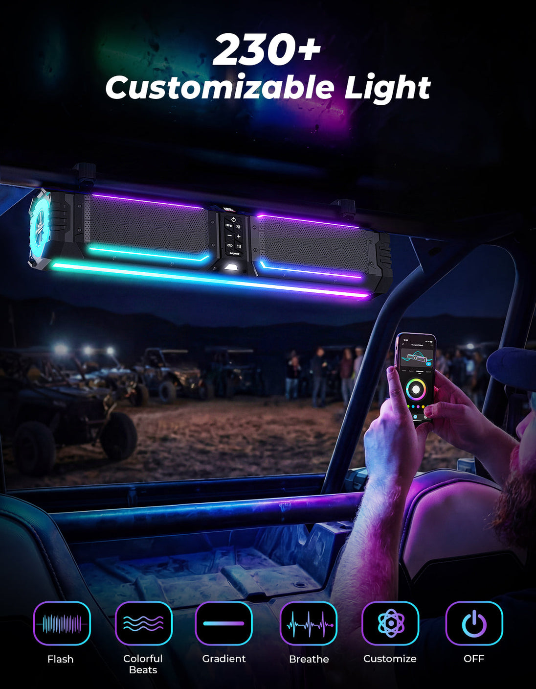 KEMIMOTO Midnight 70 Gen2 UTV Soundbar 680W – Bluetooth 5.4, RGB, IP66 Waterproof