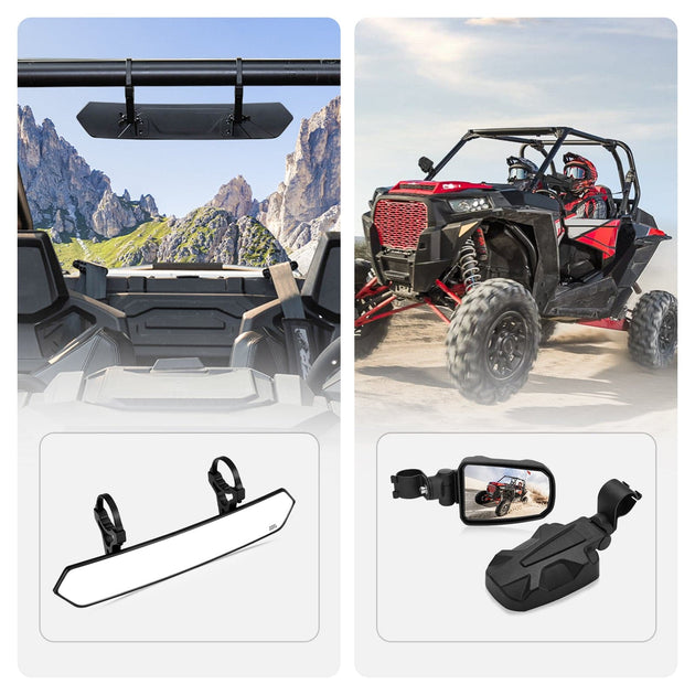 UTV 1.65"-2" Round Tube Adjustable Rear View Mirror & UTV 1.75" Round Tube Convex Side Mirror - Kemimoto