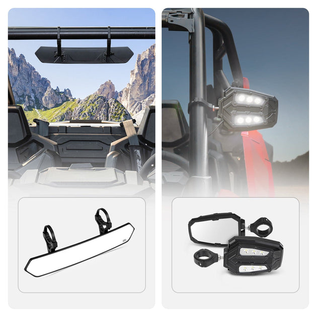 UTV 1.65"-2" Round Tube Adjustable Rear View Mirror & UTV 1.75"-2" Round Tube Adjustable LED Side Mirror - Kemimoto