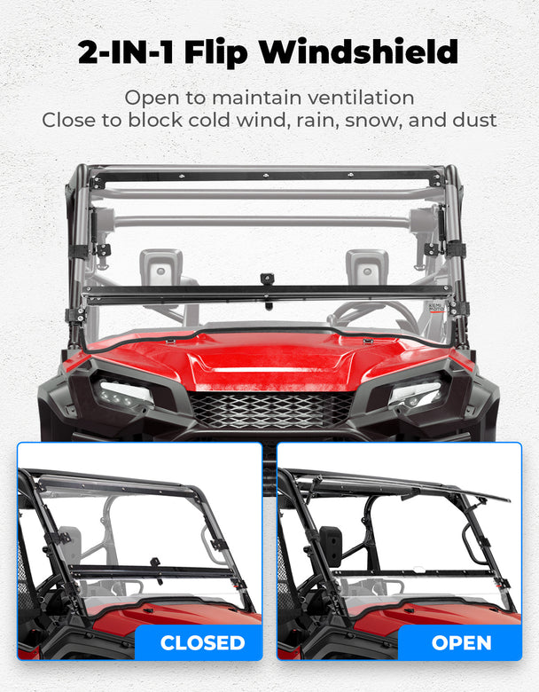KEMIMOTO 2-IN-1 Flip Windshield for Pioneer 1000 1000-5 1000-6 2016-2025