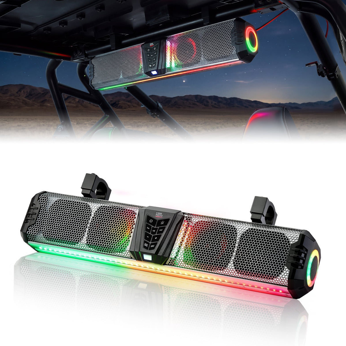 KEMIMOTO Midnight SL60 26" RGB UTV Sound Bar – Silver, Bluetooth, IP66 Waterproof