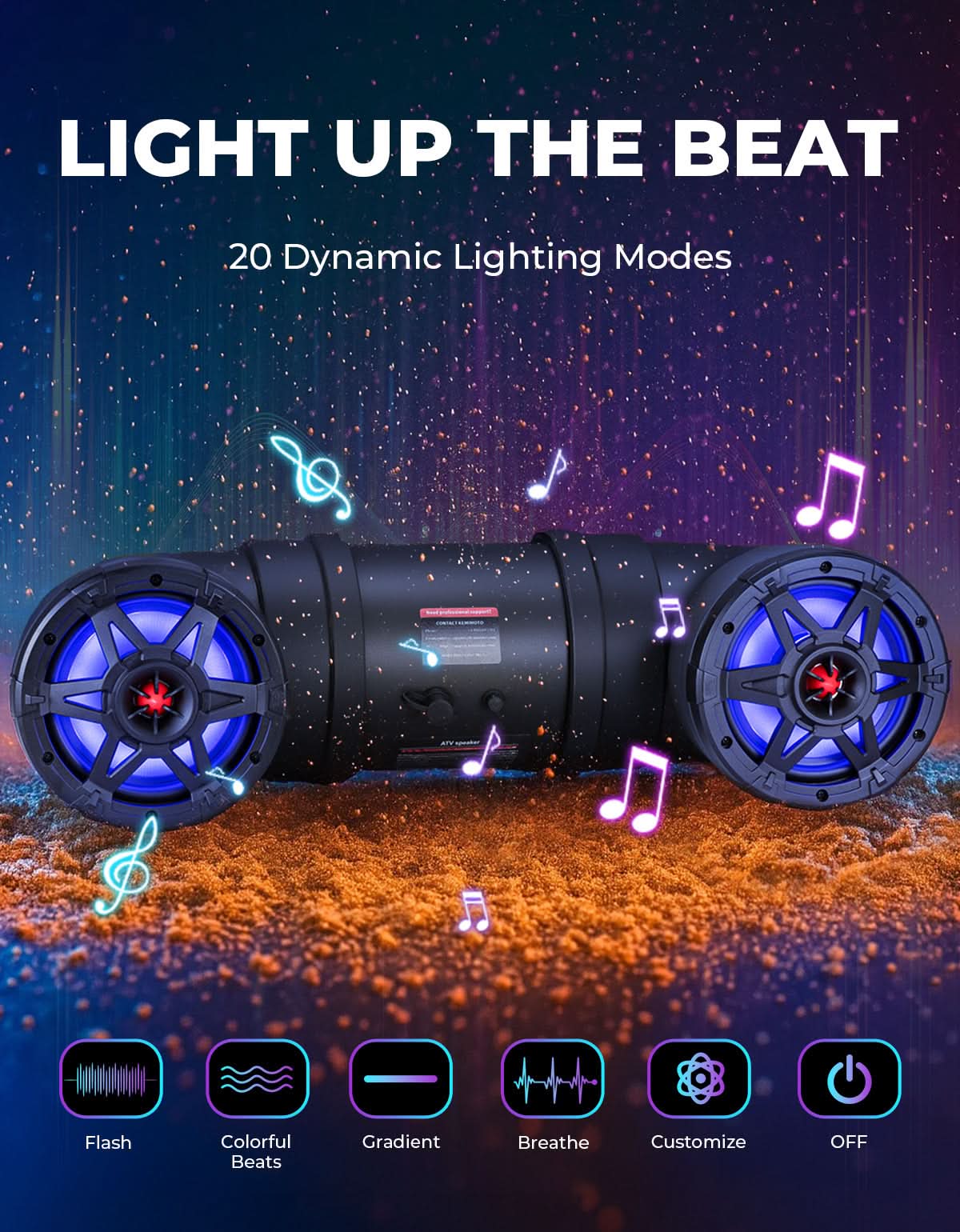 KEMIMOTO ATV Bluetooth Speaker 6.5" Sound Bar with RGB Lights – for Polaris & Can-Am