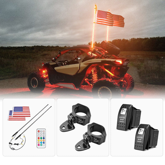 Spiral Whip Light Set, 2PCS Whip Light & Flag mount & 12V Switch On-off - Kemimoto