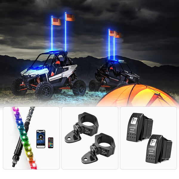 2PCS Whip Light w/RF, APP Control & Flag mount & 12V Switch On-off - Kemimoto