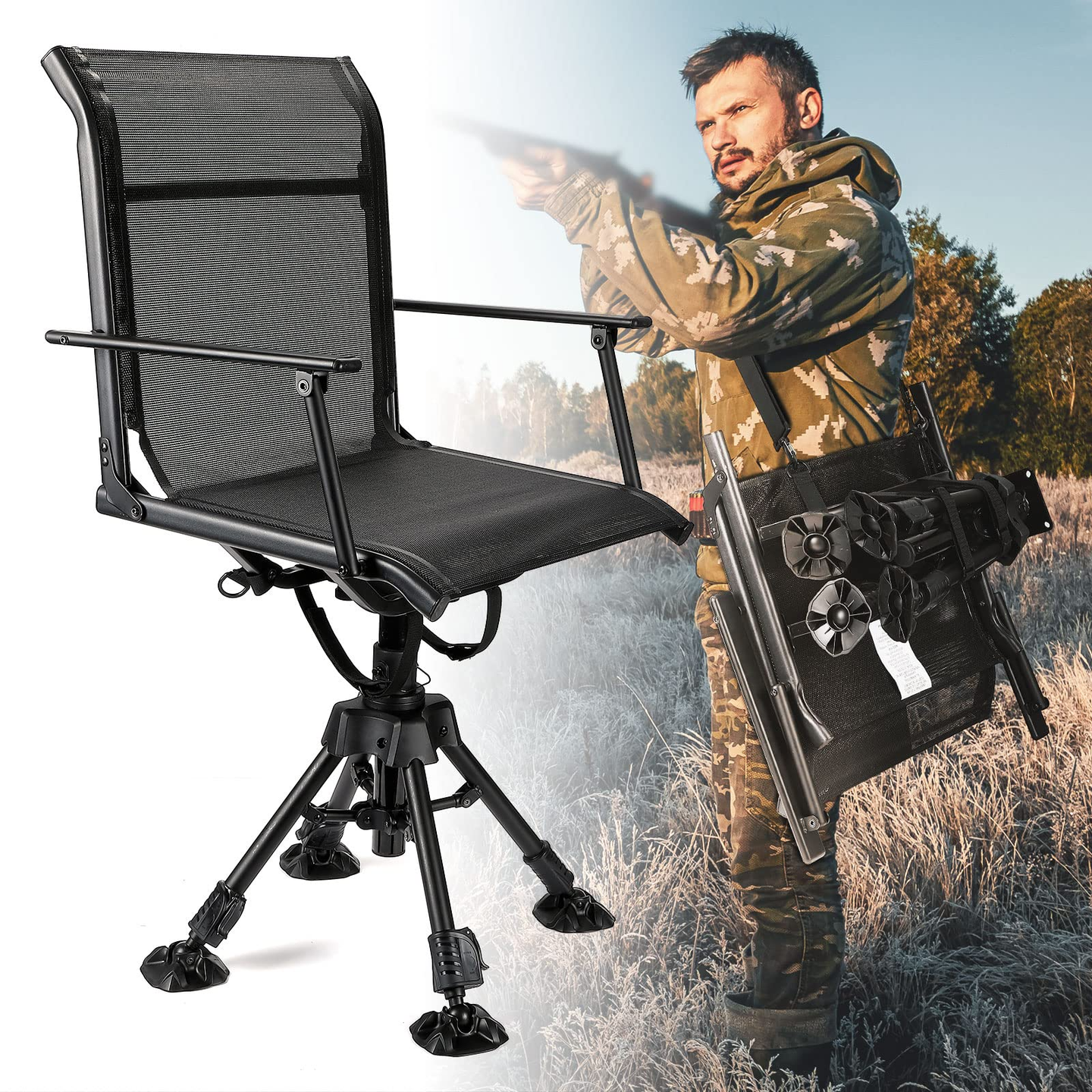 Hunting Fishing Chair, 360?? Silent Swivel Hight Adjustable Quick Folding Blind Chair - Kemimoto