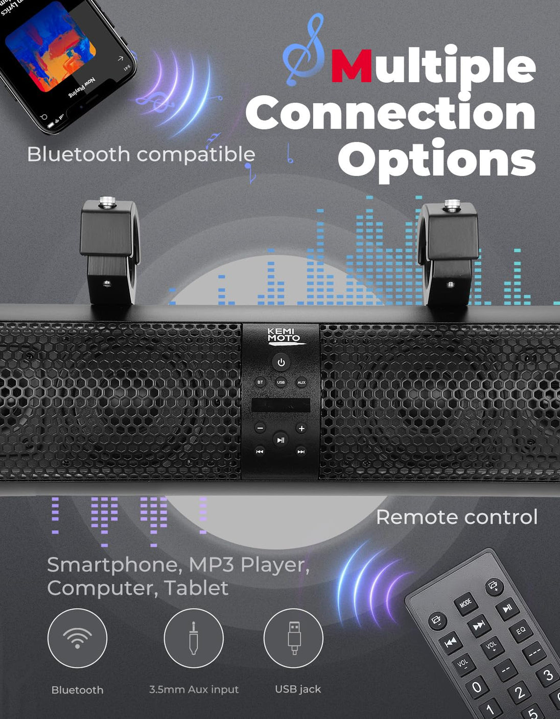 KEMIMOTO 18" UTV Sound Bar RGB Bluetooth – 400W, IP65 Waterproof, Aluminum